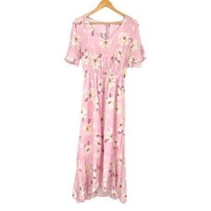 All In Favor Floral Ruffle Elastic Waist V-Neck Pink Maxi Dress Womens Small